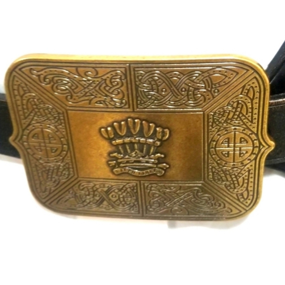 Ralph Lauren Black Leather Belt with Wide Gold Buckle Adorned With Celtic Crown. - Picture 2 of 13